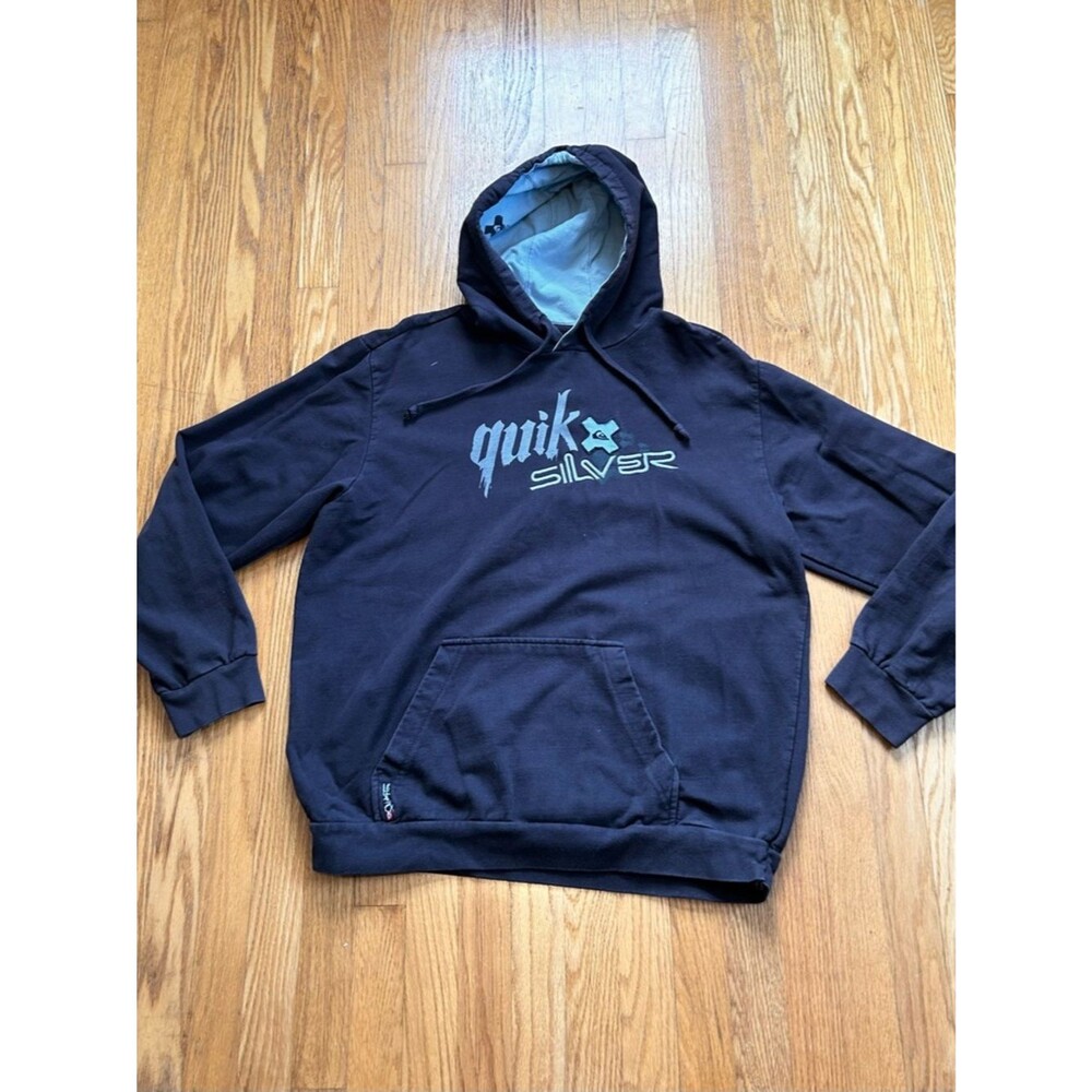 Vintage Quiksilver Hoodie Mens XL Black Pullover Skate Surfer Sweatshirt Y2K